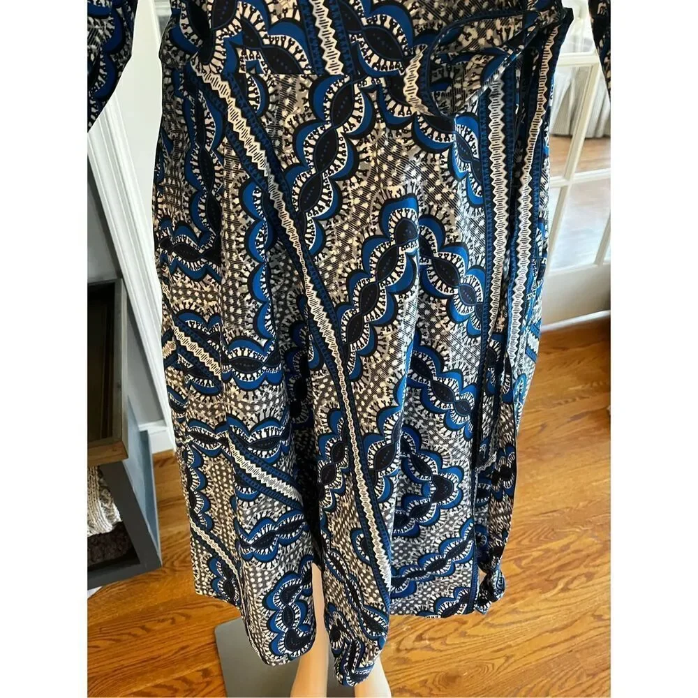 Ray Darten Blue & Black African Print Wrap Puff Sleeve Dress sz 1X EUC